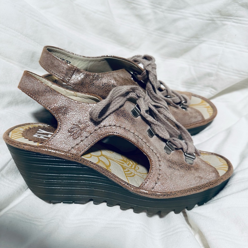 Fly London Gold Metallic Wedge Sandals Lace Up Open Toe Size 37